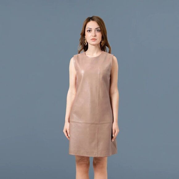 NWT Bod & Christensen Tan Sleeveless Destiny 100% Leather Dress Retail $540 - Picture 1 of 13